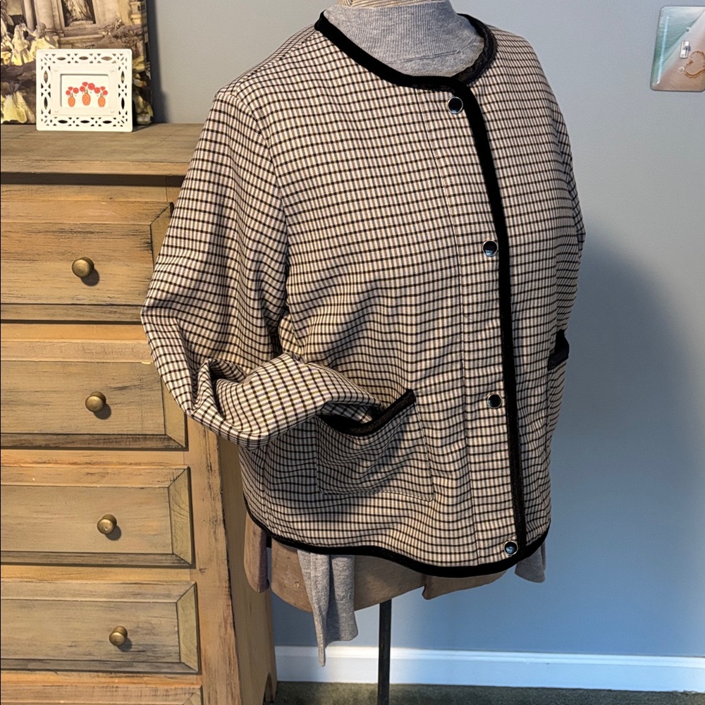 Joie Black and Brown Checkered Plaid Fill Zip Bomber Jacket